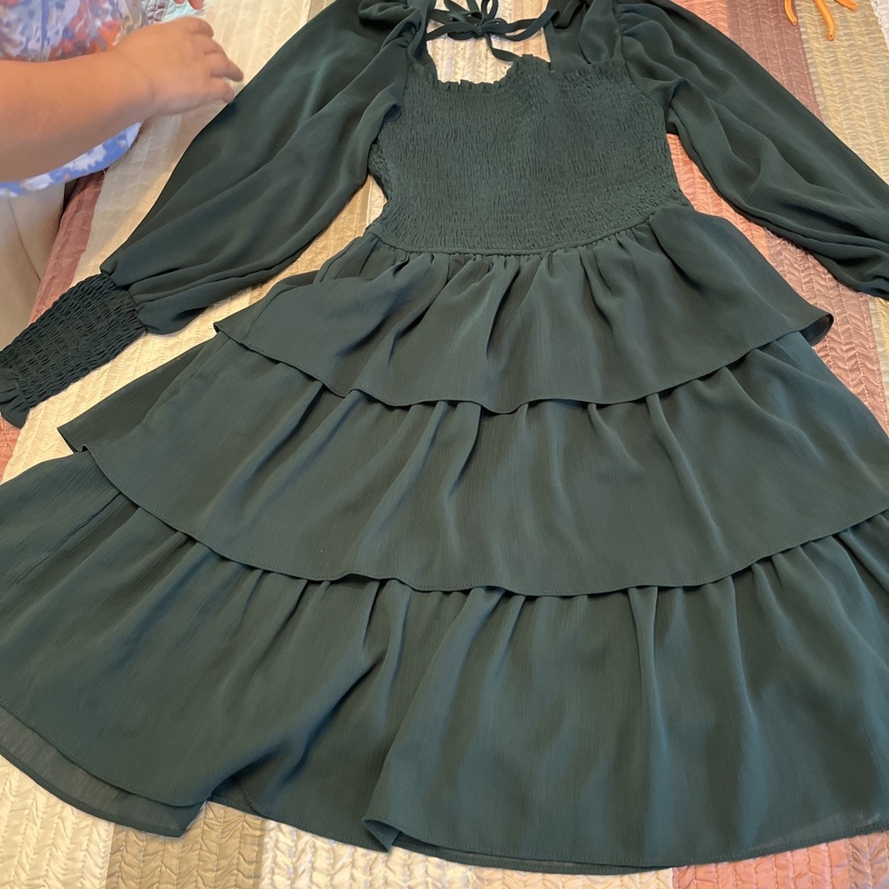 Byinns Green Tiered Square Neck Tie Back Mini Dress Women's S New